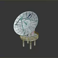 White Parabolic Satellite Dish With Grid Structure And Blue Logo On Stand