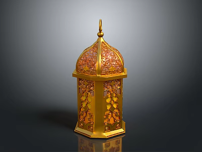 Golden Traditional Lantern With Intricate Carved Patterns And Dome Top Design 3d model