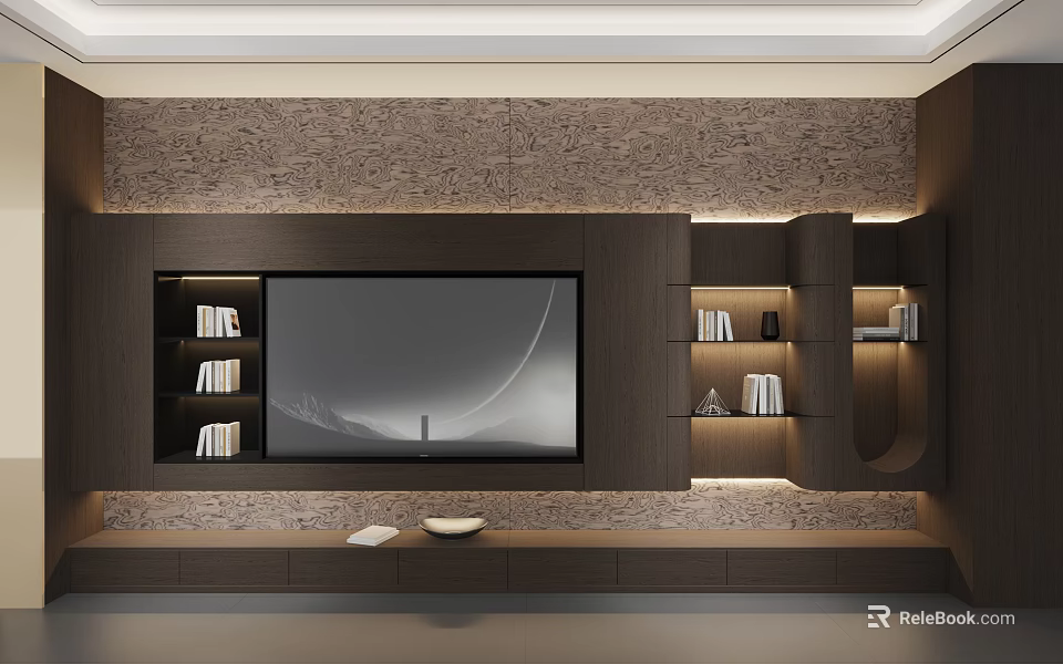 Modern Dark Wood TV Stand Featuring Large TV Screen Built in Bookshelves Books Textured Backdrop 3d model 