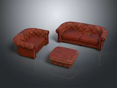Red Leather Sofa Set With Two Seater Sofa Single Armchair And Ottoman 3d model