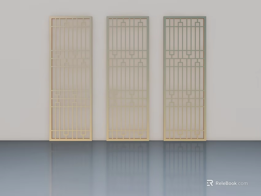 Three Modern Golden Casement Doors With Grid Pattern And Reflective Surface 3d model