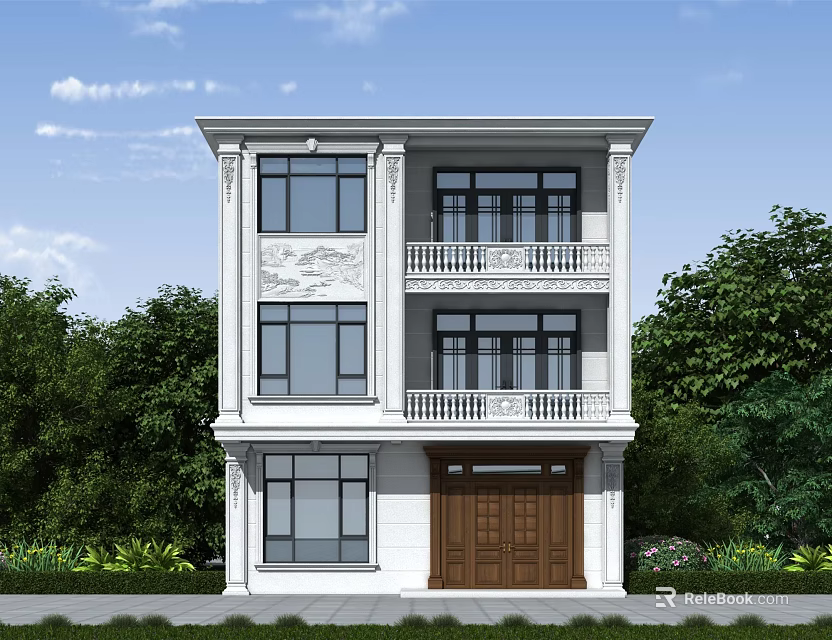 White Three Story Detached Villa With Large Windows Balconies Brown Wooden Door And Green Trees 3d model 