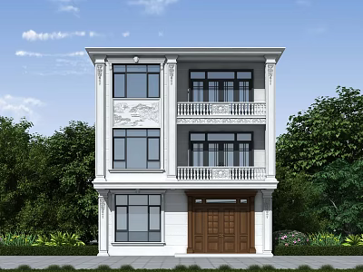 White Three Story Detached Villa With Large Windows Balconies Brown Wooden Door And Green Trees 3d model