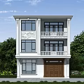 White Three Story Detached Villa With Large Windows Balconies Brown Wooden Door And Green Trees