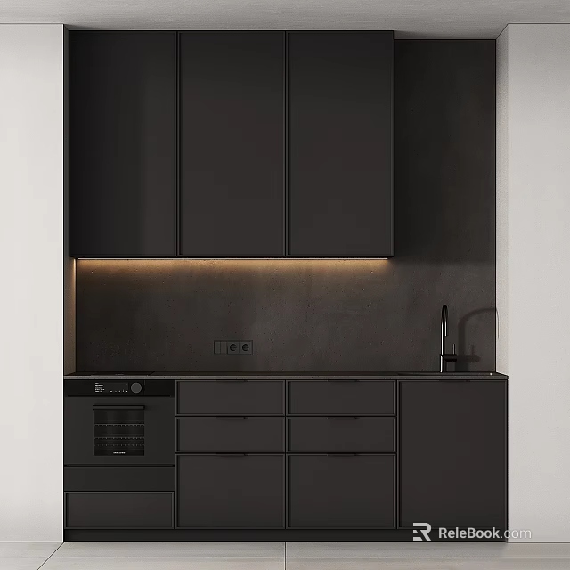 Sleek Black Kitchen Interior With Cabinets Countertop Built in Oven And Under Cabinet Lighting 3d model 
