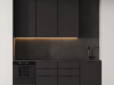Sleek Black Kitchen Interior With Cabinets Countertop Built in Oven And Under Cabinet Lighting 3d model