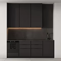 Sleek Black Kitchen Interior With Cabinets Countertop Built in Oven And Under Cabinet Lighting