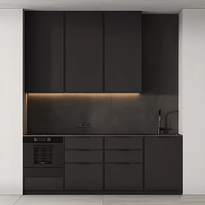 Sleek Black Kitchen Interior With Cabinets Countertop Built in Oven And Under Cabinet Lighting 3d model