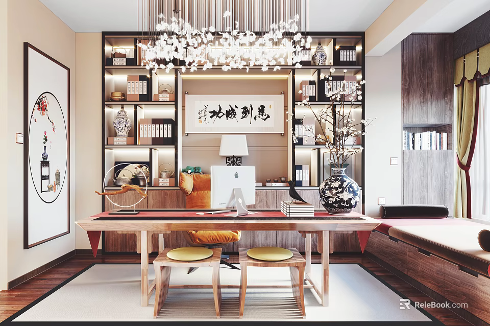 Chinese Style Study Room With Calligraphy Art Bookshelves Writing Desk And Chandelier 3d model 