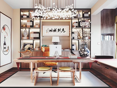 Chinese Style Study Room With Calligraphy Art Bookshelves Writing Desk And Chandelier 3d model