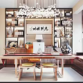 Chinese Style Study Room With Calligraphy Art Bookshelves Writing Desk And Chandelier