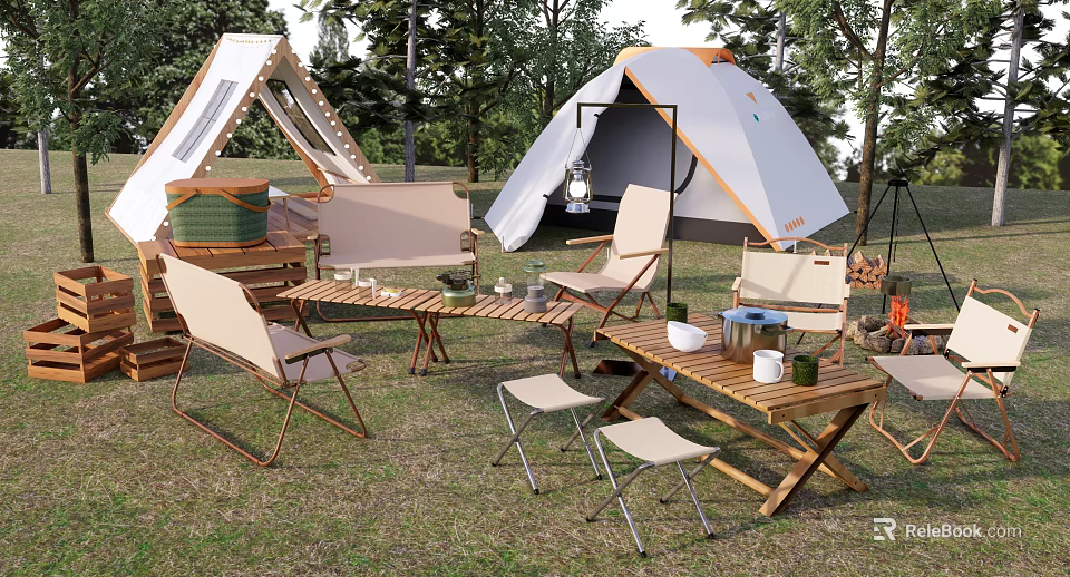 Campsite With White Tent Wooden Tables Folding Chairs And Outdoor Grass Setting 3d model 
