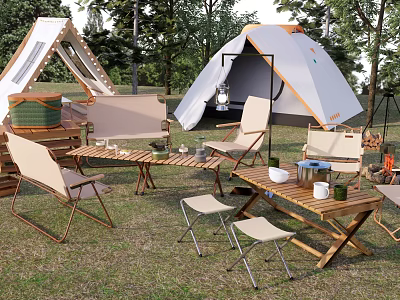 Campsite With White Tent Wooden Tables Folding Chairs And Outdoor Grass Setting 3d model