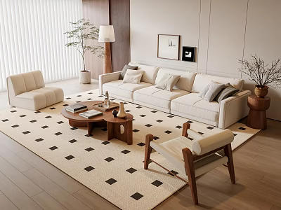 Modern Living Room Beige Sofa And Wooden Coffee Table Set With Geometric Rug Accent Chair And Potted Plant 3d model