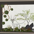 Tranquil Indoor Landscape Design With Hanging Green Spheres Deer Sculpture Small Tree And Round Lamp