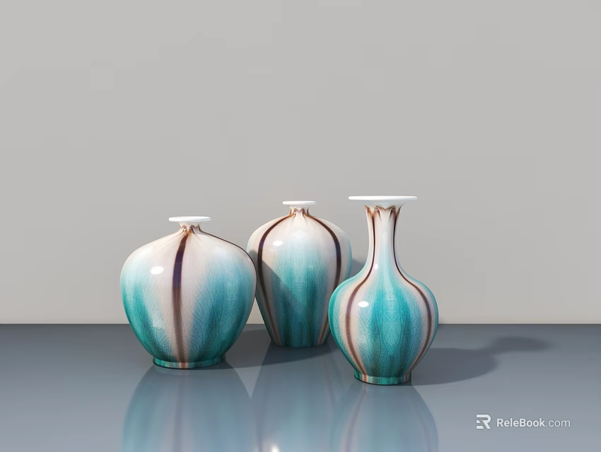 Sculpture Carving Three Blue And White Striped Vases With Gradient Design On Grey Tabletop 3d model 