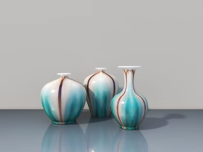 Sculpture Carving Three Blue And White Striped Vases With Gradient Design On Grey Tabletop 3d model
