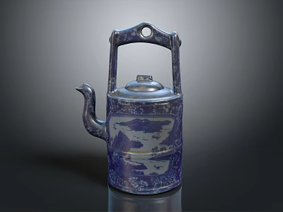 Traditional Blue and White Teapot with Landscape Pattern Bird Shaped Spout and Silver Lid 3d model