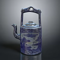 Traditional Blue and White Teapot with Landscape Pattern Bird Shaped Spout and Silver Lid