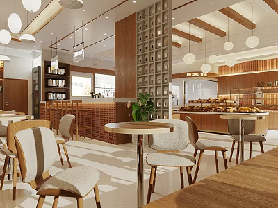 Cozy Dessert Shop Interior With Wooden Tables Chairs Hanging Lights Green Plants And Display Cabinets 3d model