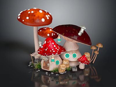 Enchanting Mushroom Shaped Building With Red White Spotted Caps Green Windows And Lanterns 3d model