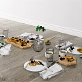 Appetizing Food Spread With Bread Fruits Drinks And Green Plant On Wooden Table