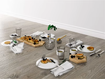 Appetizing Food Spread With Bread Fruits Drinks And Green Plant On Wooden Table 3d model