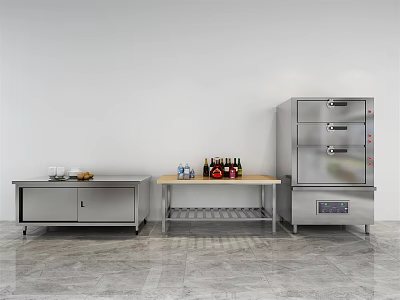 Stainless Steel Kitchen Setup With Counter Shelf Appliances And Bottles 3d model