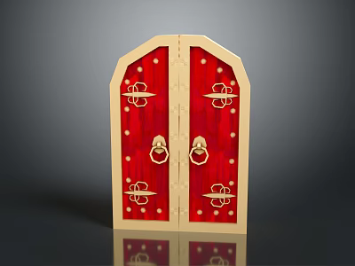 Ornate Red Double Door With Beige Frame And Intricate Gold Decorative Details 3d model