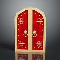 Ornate Red Double Door With Beige Frame And Intricate Gold Decorative Details