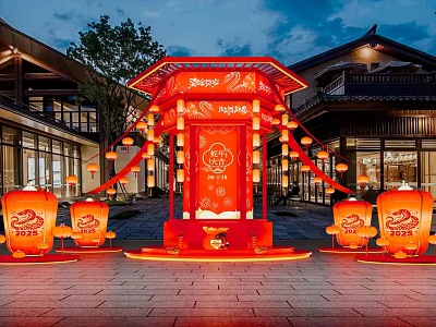 Traditional Red Art Installation Pavilion With Festive Lanterns And Decorative Elements In Courtyard Setting 3d model