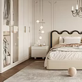 Elegant Bedroom Interior With Tufted Headboard Chandelier And Large Window View 3d model