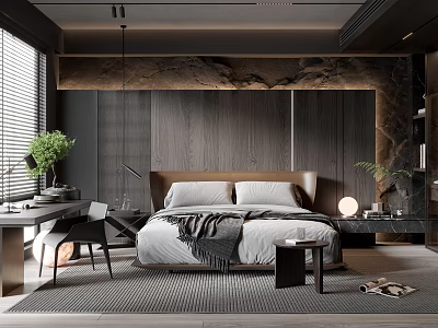 Modern Bedroom Interior With Wooden Walls Marble Headboard Blinds Desk Chair Green Plant And Rug 3d model