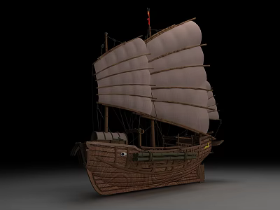 Traditional Wooden Sailboat With Multiple White Sails Red Flag And Carved Hull 3d model