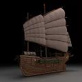 Traditional Wooden Sailboat With Multiple White Sails Red Flag And Carved Hull