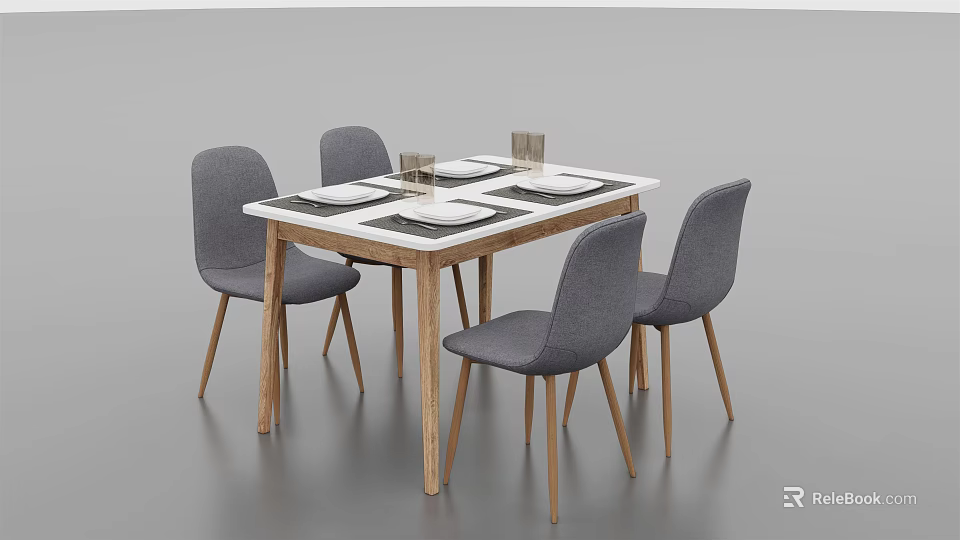 Dining Table Set with Four Gray Upholstered Chairs Wooden Frame and Tableware 3d model