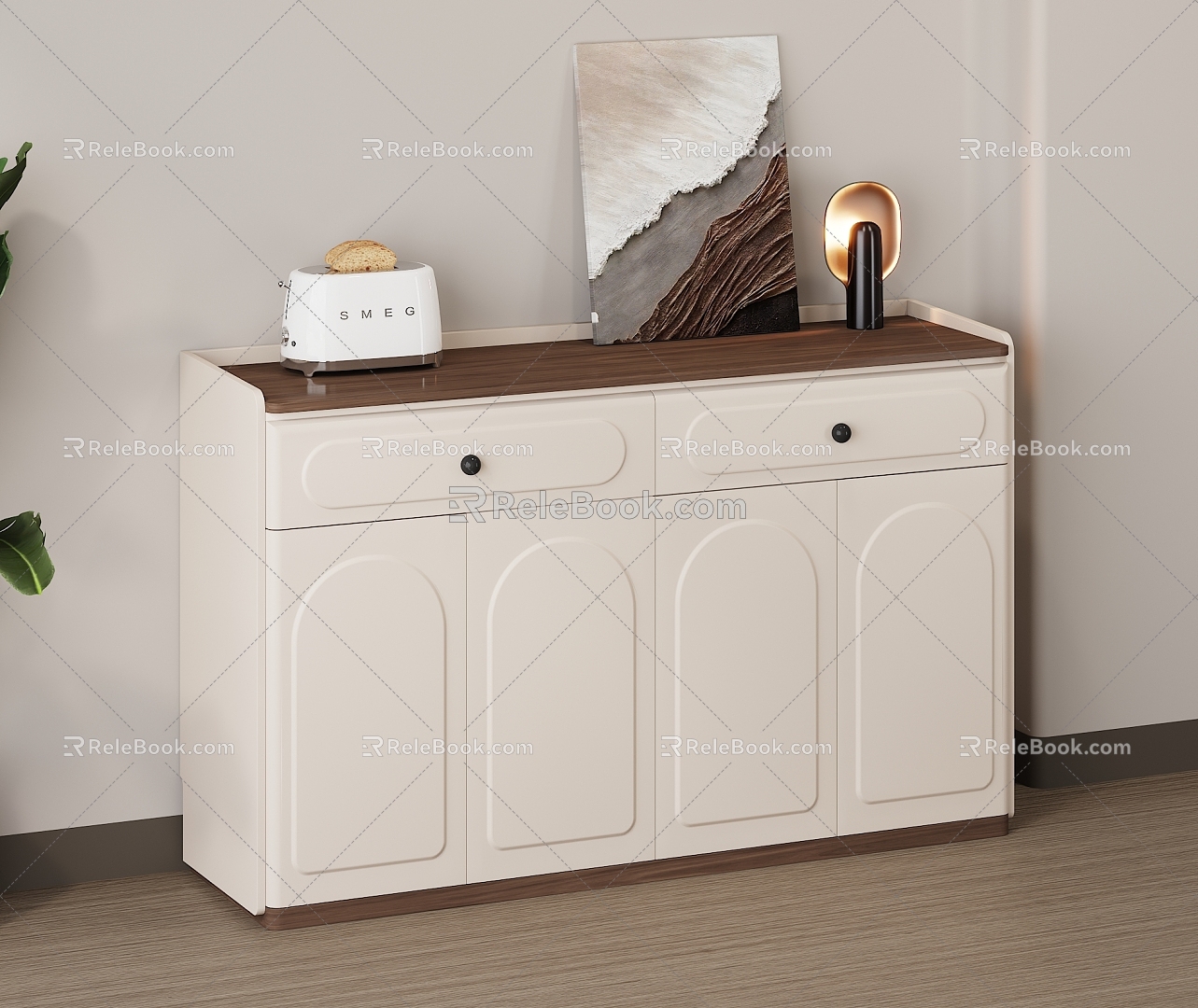 Cream Style Restaurant Sideboard Storage Cabinet Sundry Cabinet Side Cabinet Cream White Decorative Painting Green Plant Seasoning Bottle Tableware Walnut Wood Floor Bread Machine 3d model