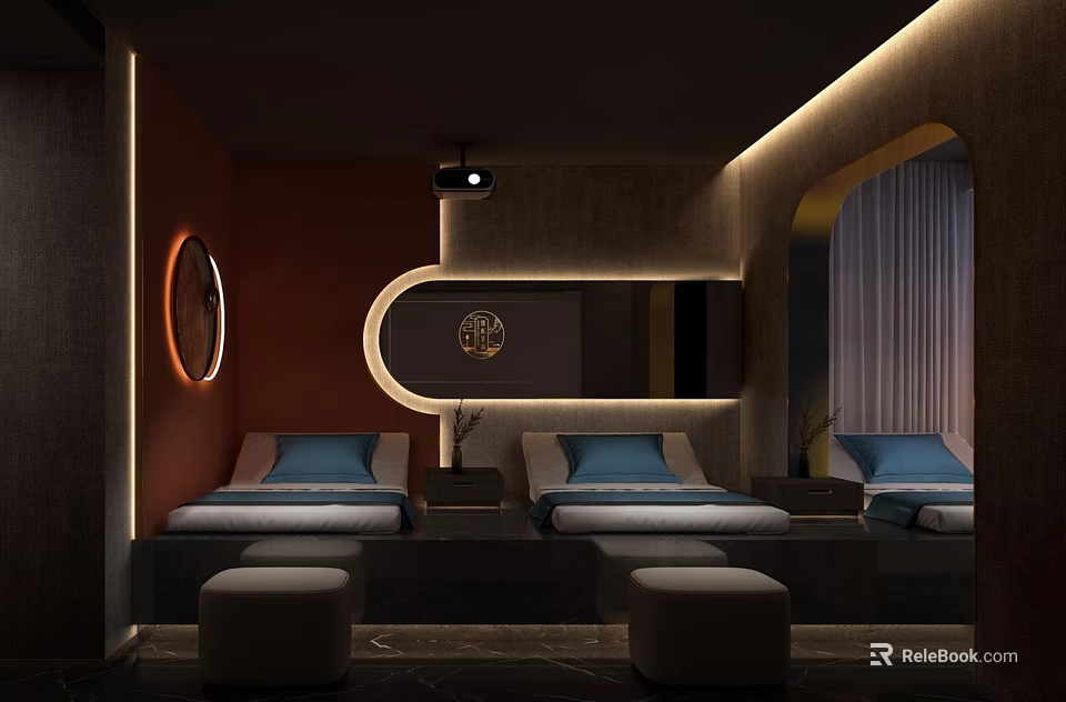 Relaxing SPA Sauna Interior Design With Comfortable Lounge Beds Warm Lighting And Circular Decor 3d model 