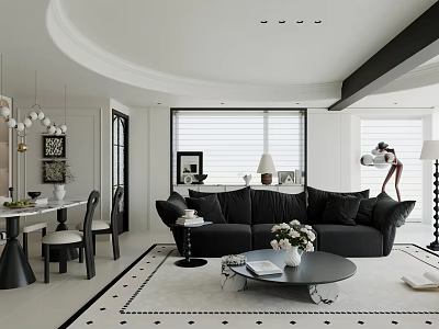 Modern Living and Dining Room Interior With Black Sofa Round Coffee Table and Pendant Lights 3d model