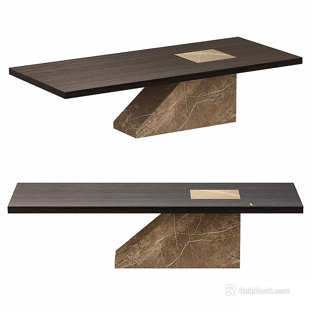 Modern Coffee Table With Dark Wood Top And Square Inlay On Marble Base 3d model 