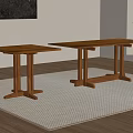 Two Wooden Dining Tables On Light Woven Rug With Window And Wall Art