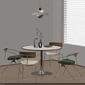 Modern Minimalist Dining Space With Round Table Green Beige Cushioned Chairs Pendant Light And Window Blinds
