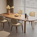 Elegant Wooden Dining Table Set With Four Chairs Fruit Plate Vase And Wine Bottle