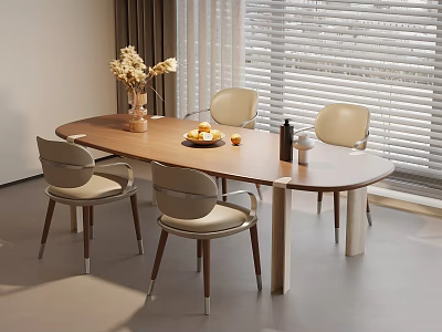Elegant Wooden Dining Table Set With Four Chairs Fruit Plate Vase And Wine Bottle 3d model