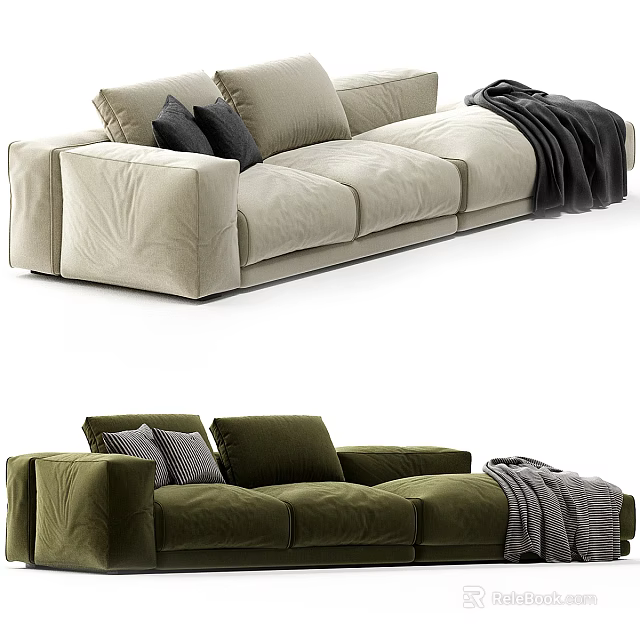 Cozy Beige and Green Sectional Sofa with Pillows and Throw Blanket in Living Room 3d model 
