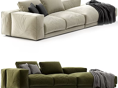 Cozy Beige and Green Sectional Sofa with Pillows and Throw Blanket in Living Room 3d model