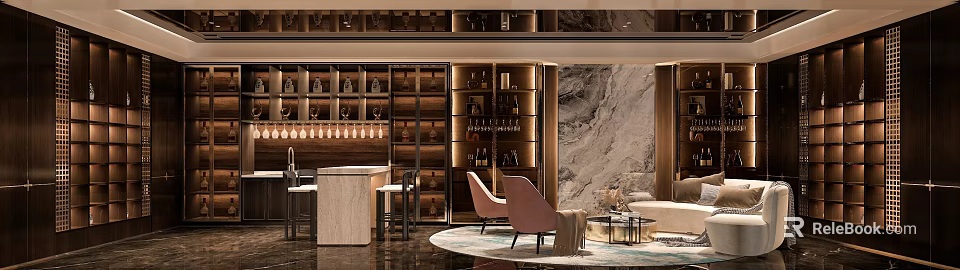 Elegant Modern Kitchen Bar With Wine Storage Pink Chairs And Marble Accents 3d model 