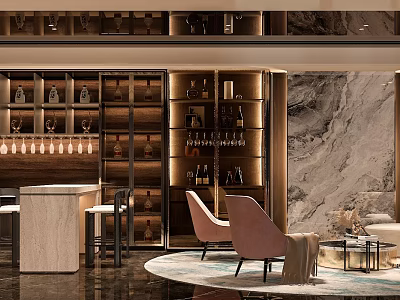 Elegant Modern Kitchen Bar With Wine Storage Pink Chairs And Marble Accents 3d model