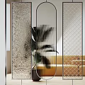 Modern Living Room Divider With Metal Frame And Mixed Glass Panels And Green Plant