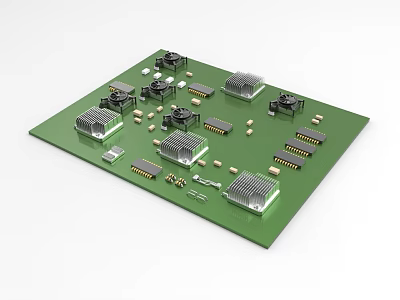 Industrial Equipment Green Circuit Board With Heat Sinks Chips And Electronic Connectors 3d model